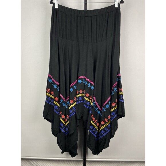 Azel Hazel Black Colorful‎ Embroidered Handkerchief Hem Elastic Waist Skirt Sz L - Picture 6 of 8